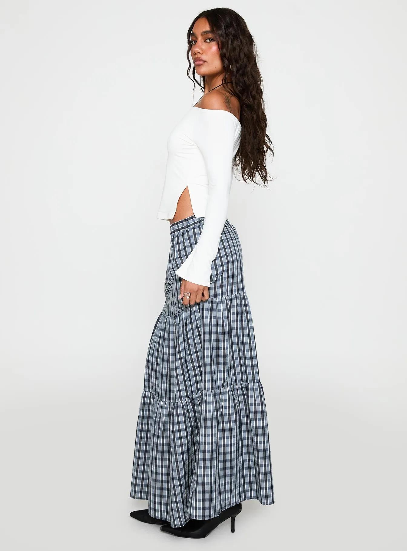 Rockwell Tiered Midi Skirt Navy Check Retro Style Stretch Fabric