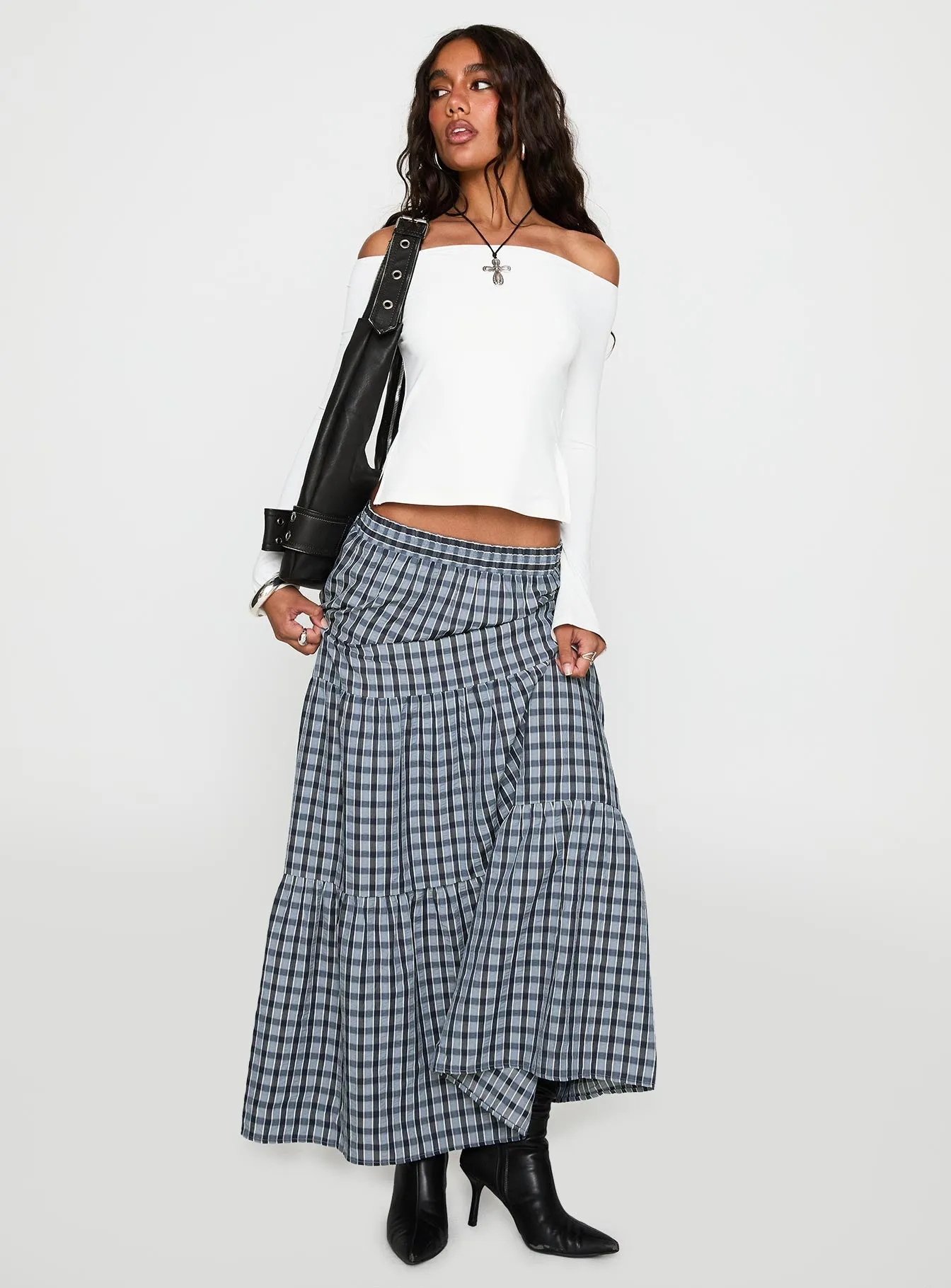 Rockwell Tiered Midi Skirt Navy Check Water Repellent Finish