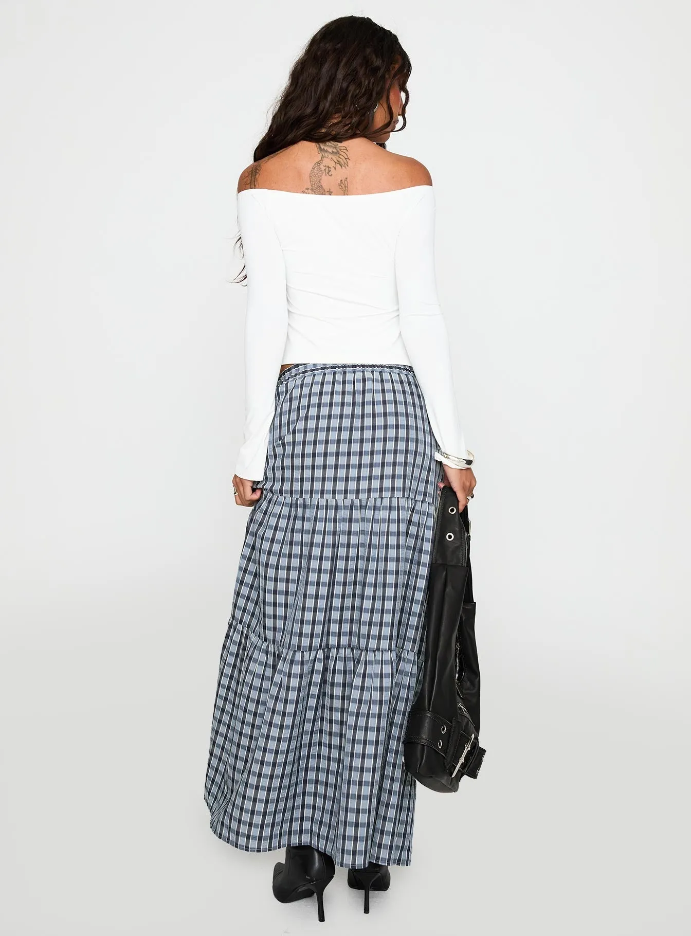 Rockwell Tiered Midi Skirt Navy Check Tear Resistant Material Comfortable Motion