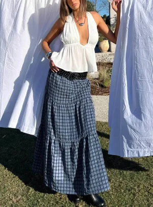 Rockwell Tiered Midi Skirt Navy Check yoga session