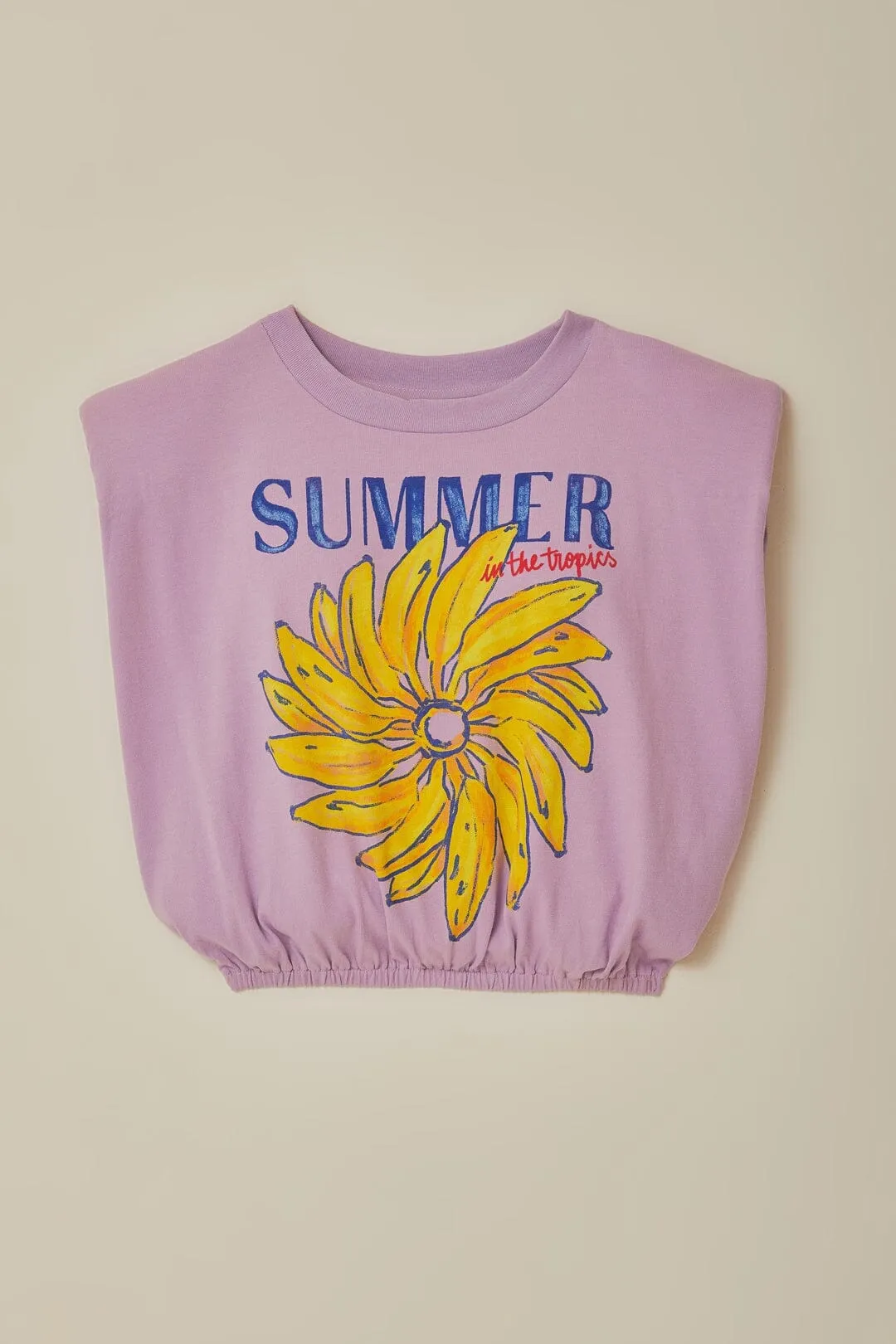 Lilac Summer In The Tropics Shoulder Pad Organic Cotton T-Shirt UVProtective Coating Pearl Tone