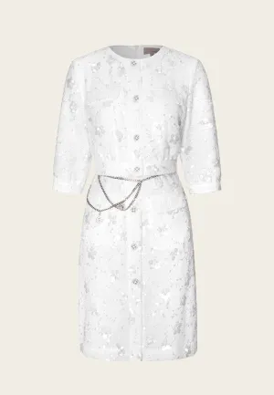 White Tweed Sequin and Bead Detailing Dress with Chain Belt Regular Fit