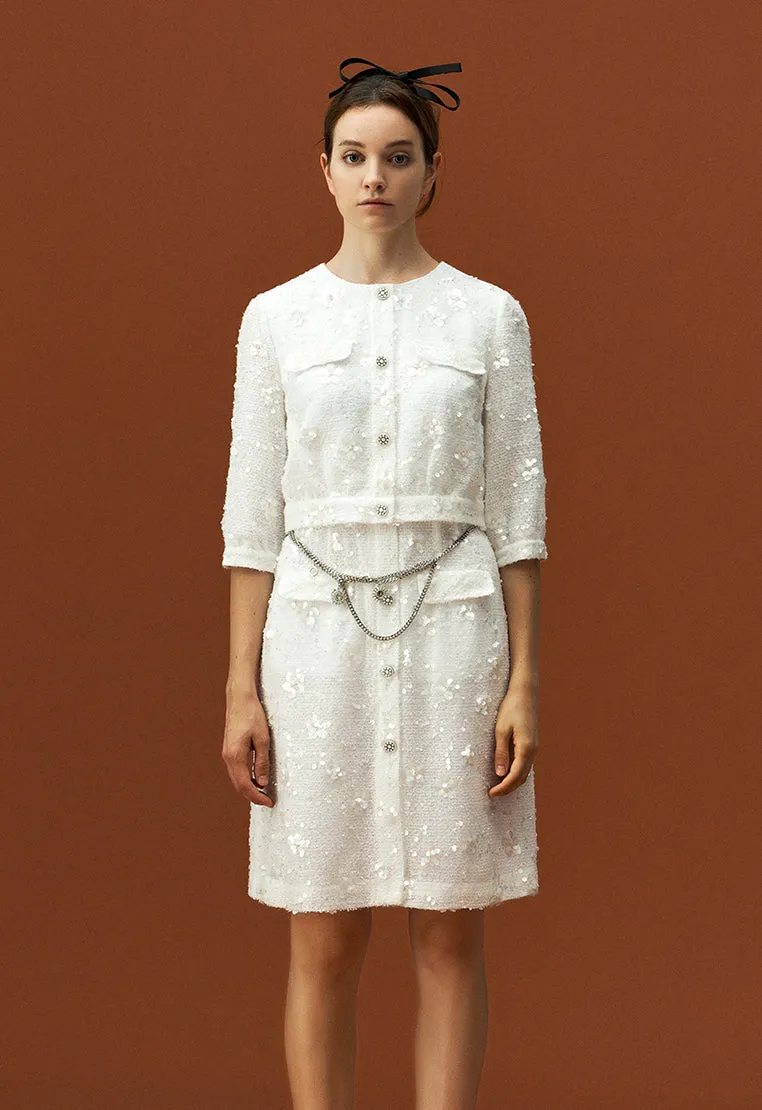 White Tweed Sequin and Bead Detailing Dress with Chain Belt LightweightWeave Feather Glow