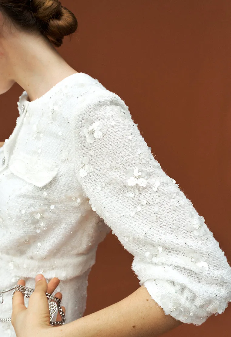 WrinkleFree Material White Tweed Sequin and Bead Detailing Dress with Chain Belt