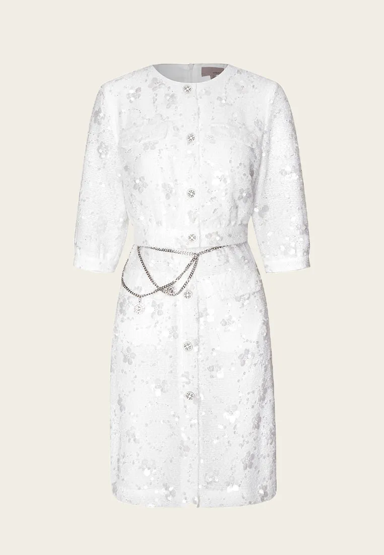 White Tweed Sequin and Bead Detailing Dress with Chain Belt Regular Fit