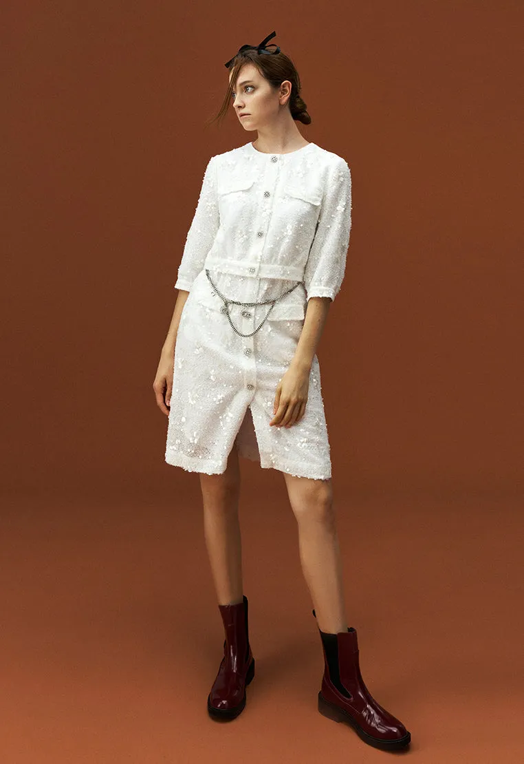 Holiday Glow White Tweed Sequin and Bead Detailing Dress with Chain Belt