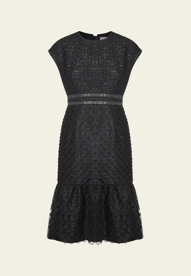 StaticResistantLining QuickDry Material Black Cap-sleeved Embroidered Mesh Tweed Dress