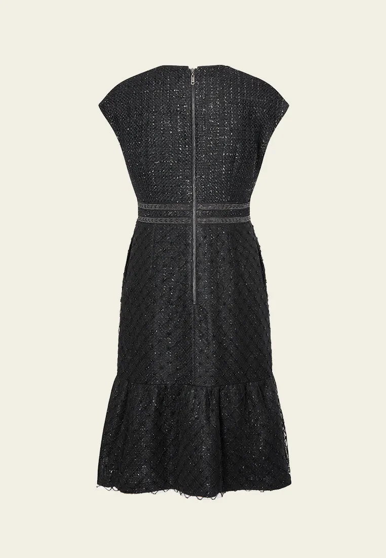 Metro Edge Black Cap-sleeved Embroidered Mesh Tweed Dress