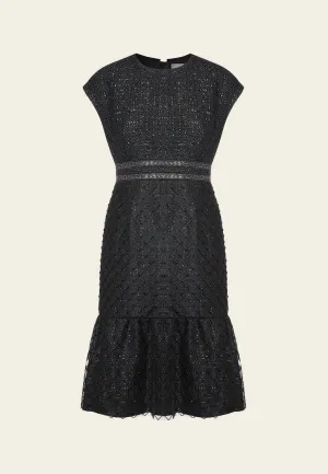 StaticResistantLining QuickDry Material Black Cap-sleeved Embroidered Mesh Tweed Dress
