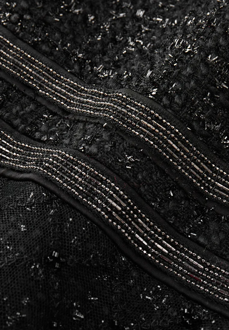 Black Cap-sleeved Embroidered Mesh Tweed Dress Cool Frame