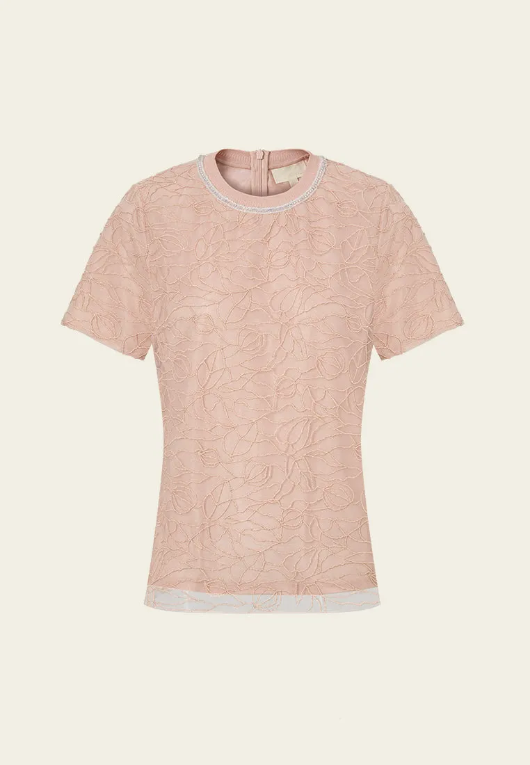 Floral-embroidery Ribbed Crew-neck Mesh T-shirt DoubleLayeredEdging