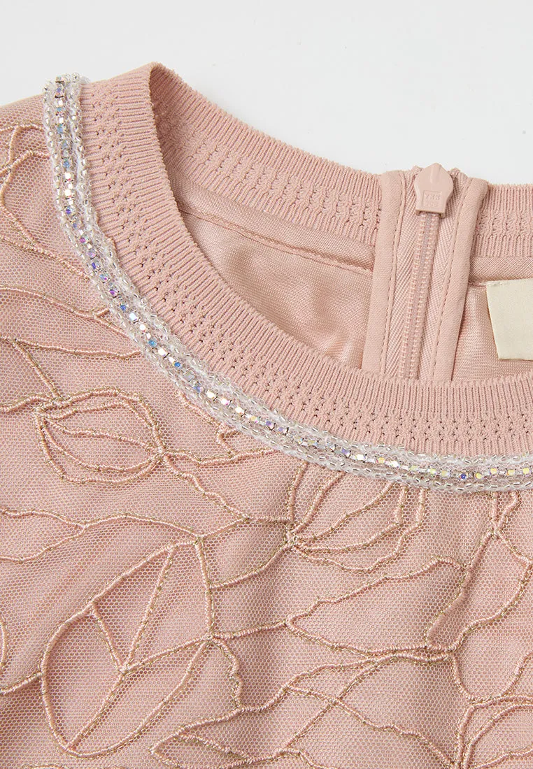 Floral-embroidery Ribbed Crew-neck Mesh T-shirt Leader Fit