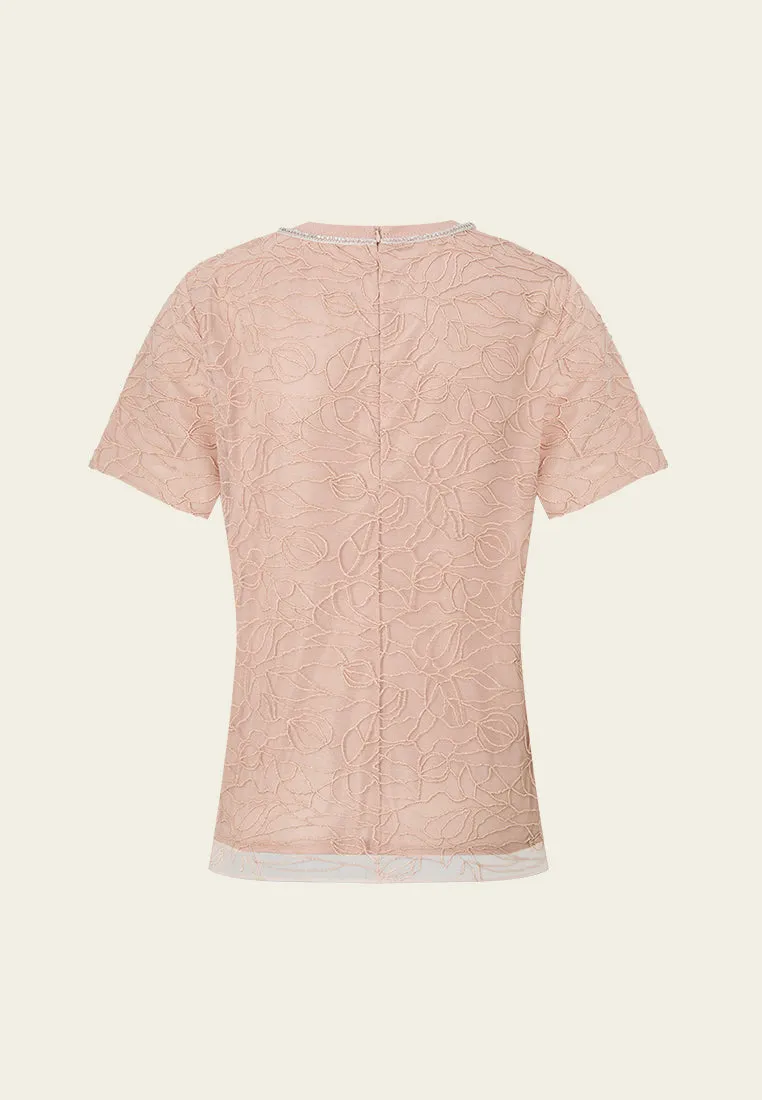 Floral-embroidery Ribbed Crew-neck Mesh T-shirt CompressionFreeCuffs FadeResistantDye