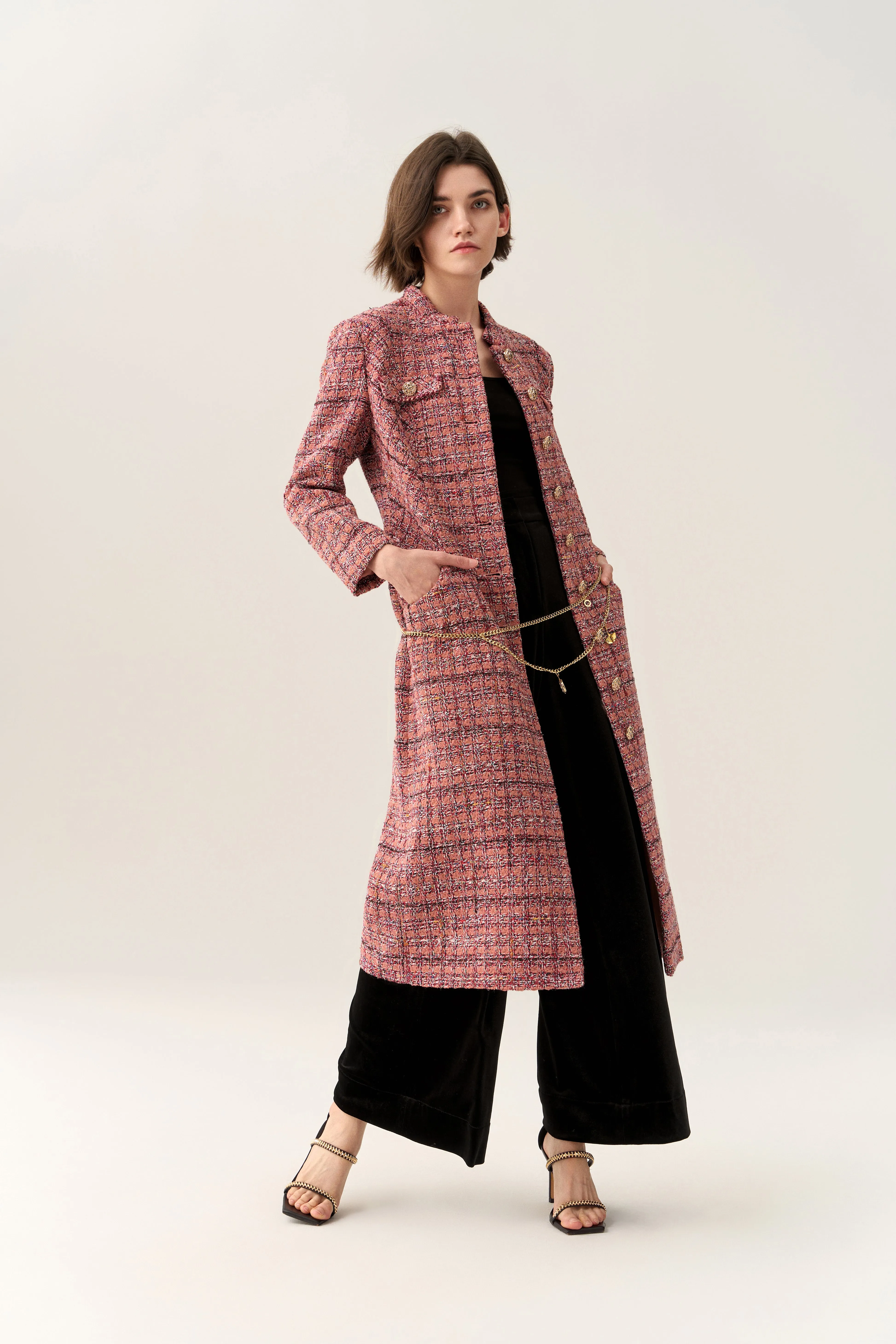 Charm-detail Chain Belt Stand Collar Tweed Dress Match Fit Myth Glow