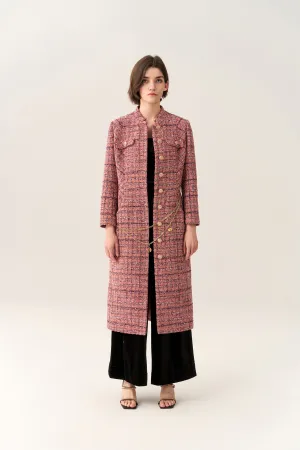 Charm-detail Chain Belt Stand Collar Tweed Dress Pure Linen Blend
