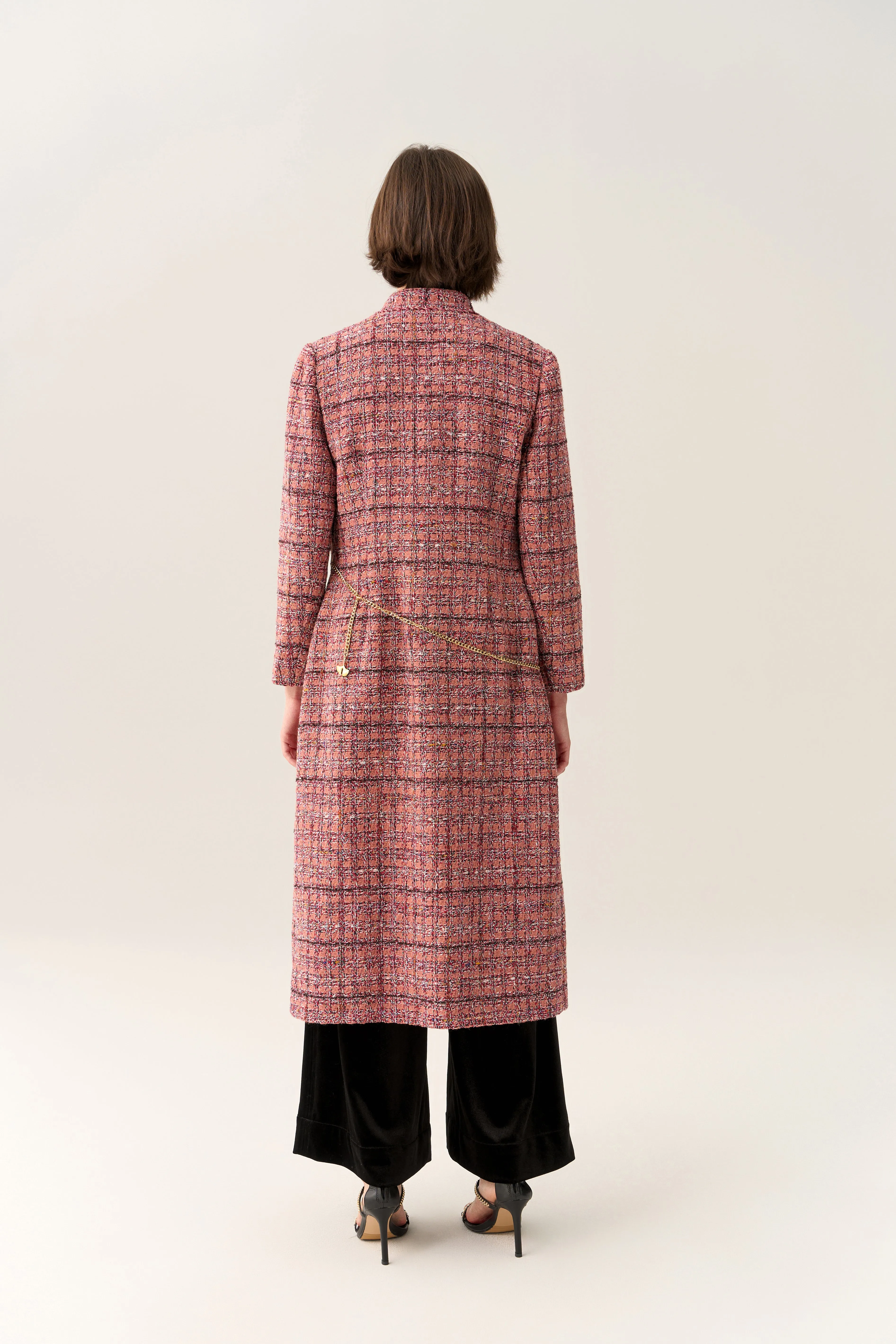 Tribal Soul Charm-detail Chain Belt Stand Collar Tweed Dress