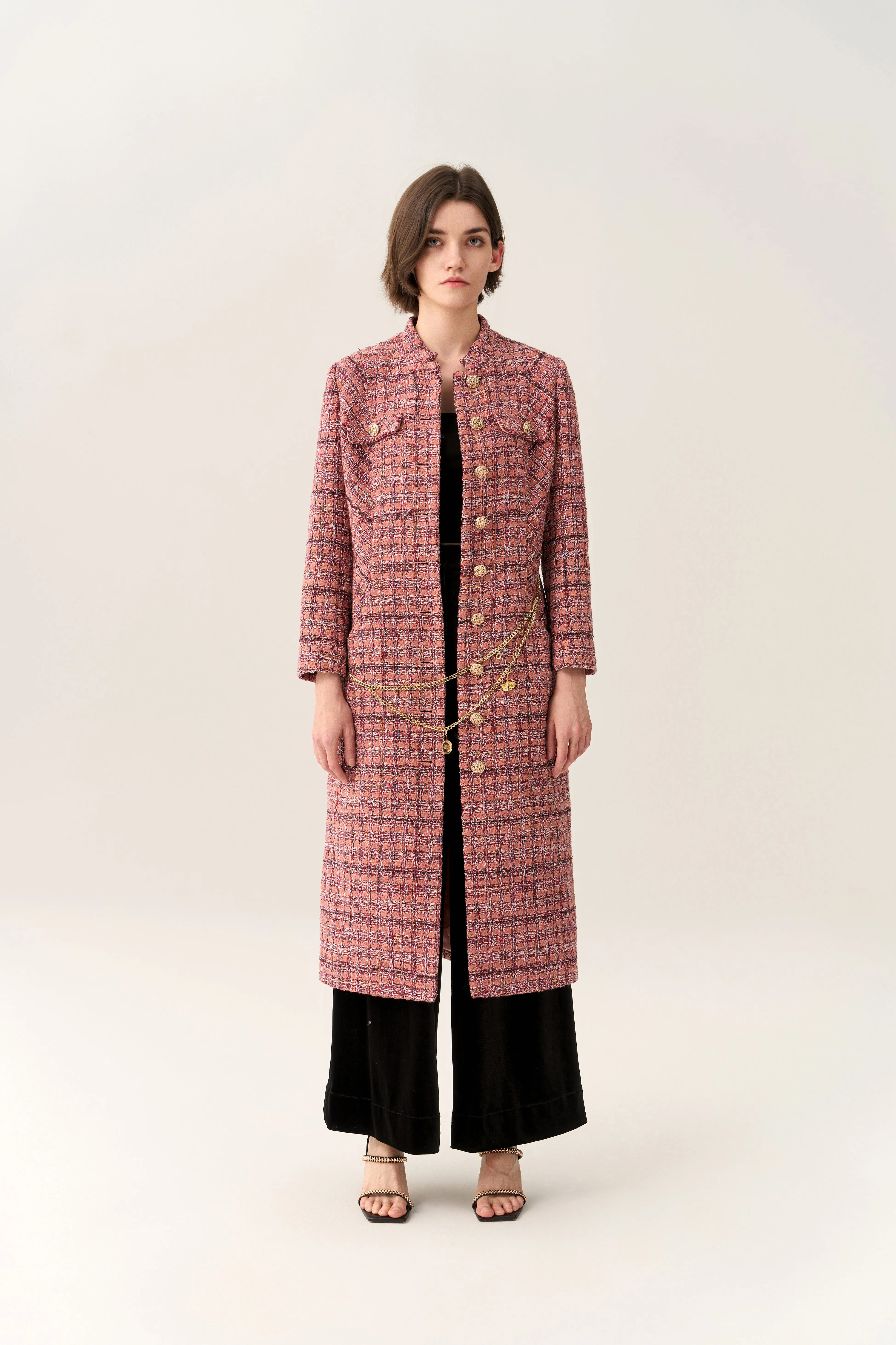 Charm-detail Chain Belt Stand Collar Tweed Dress Pure Linen Blend