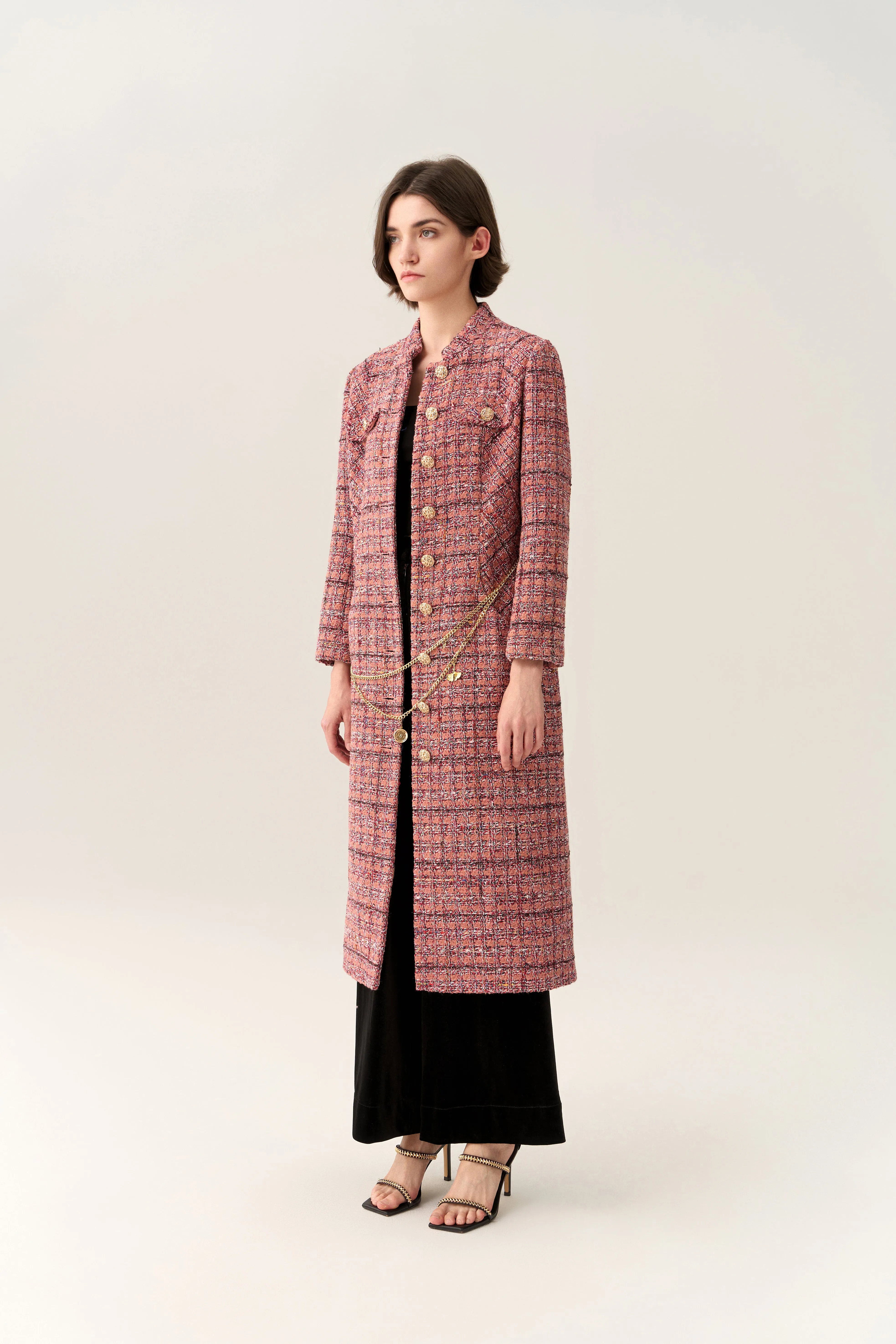 Charm-detail Chain Belt Stand Collar Tweed Dress Photo Glam Commute Ease