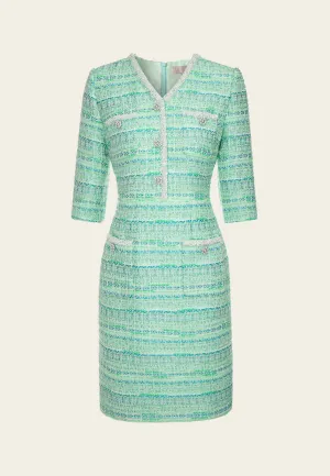 Lime Green Beaded-Trim Embellished-Button slim-fit Dress Evening Chic Light Wool
