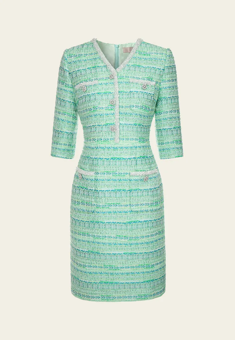 Lime Green Beaded-Trim Embellished-Button slim-fit Dress Evening Chic Light Wool