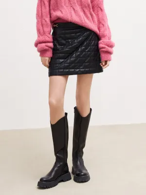 Faux Leather Checkered Skirt gentle style Simple Comfort