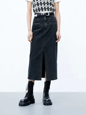 Bamboo Fiber Season To Season Front Slit Midi Denim Skirt