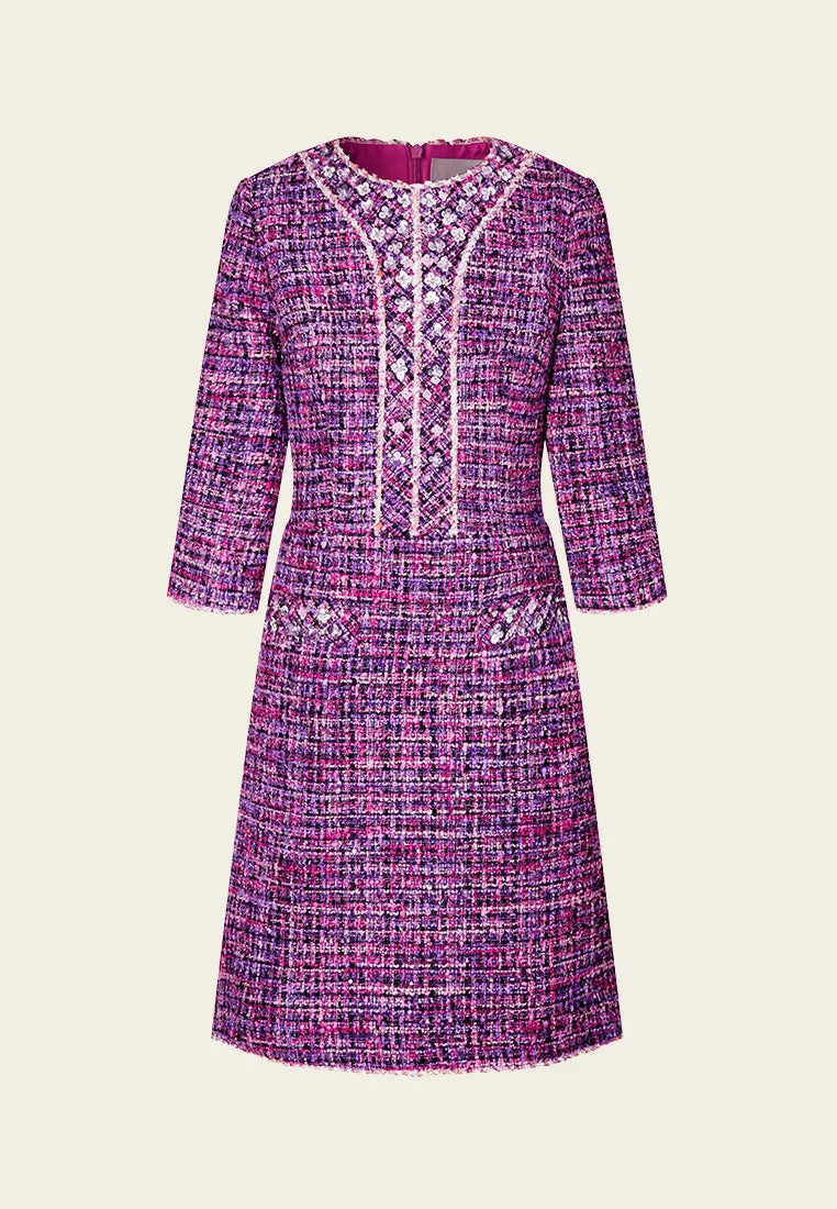 Structured Fuchsia Sequin-detail Trimmed Dress London Edge Recycled Polyester Blend