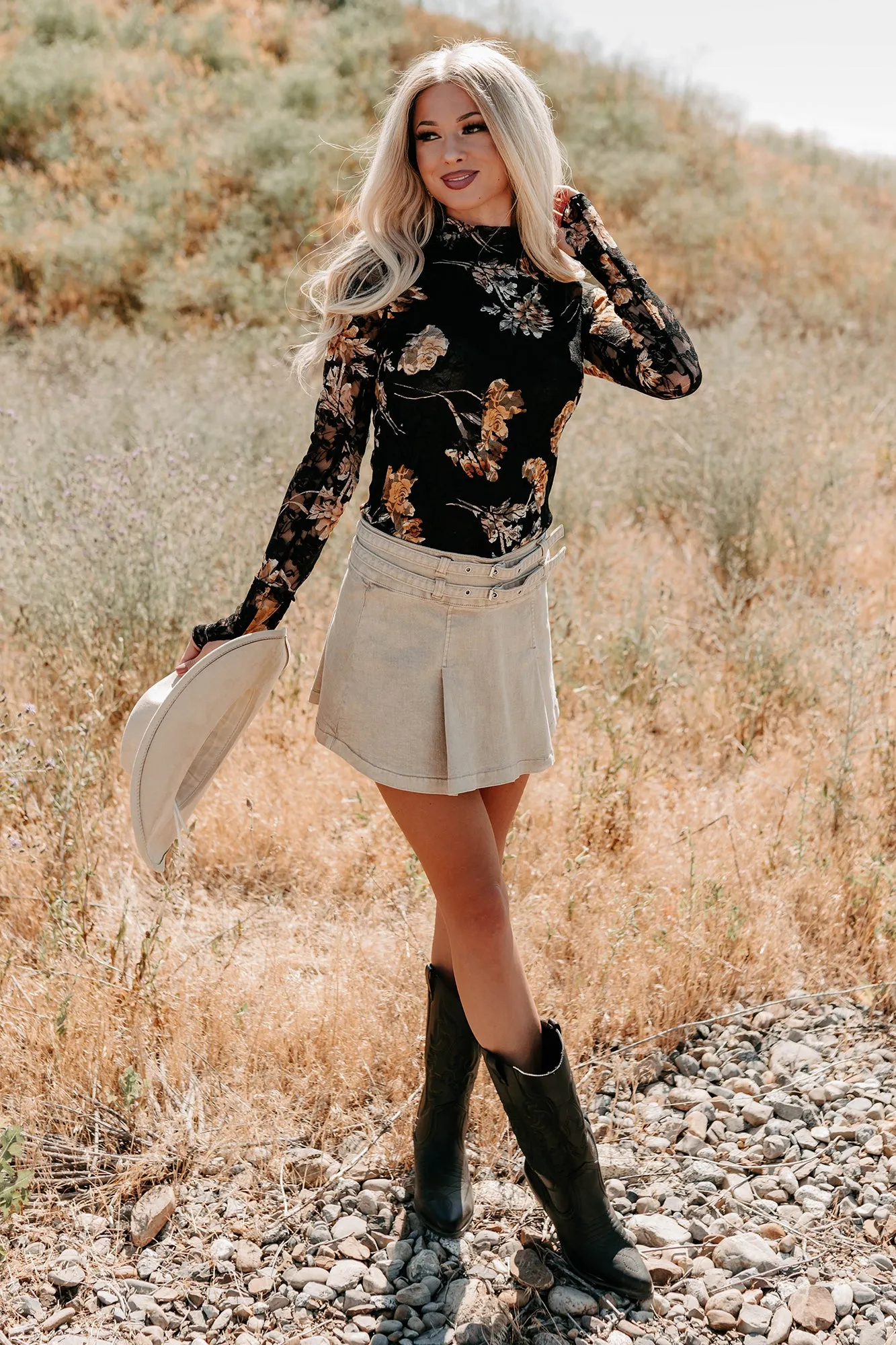 Cool, Calm & Collected Belted Denim Mini Skirt (Khaki) Soft Movement
