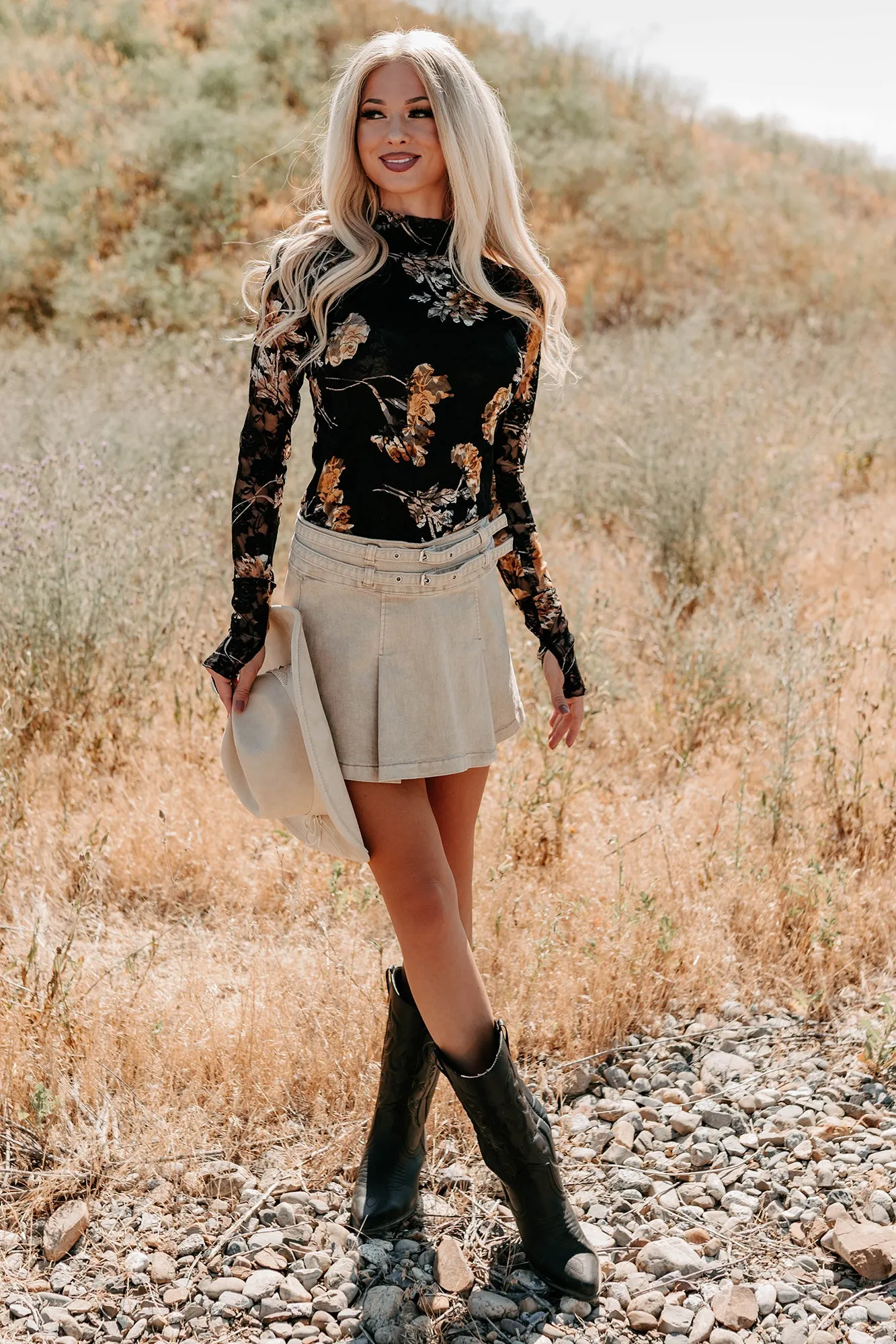 Cool, Calm & Collected Belted Denim Mini Skirt (Khaki) Lightwear Look