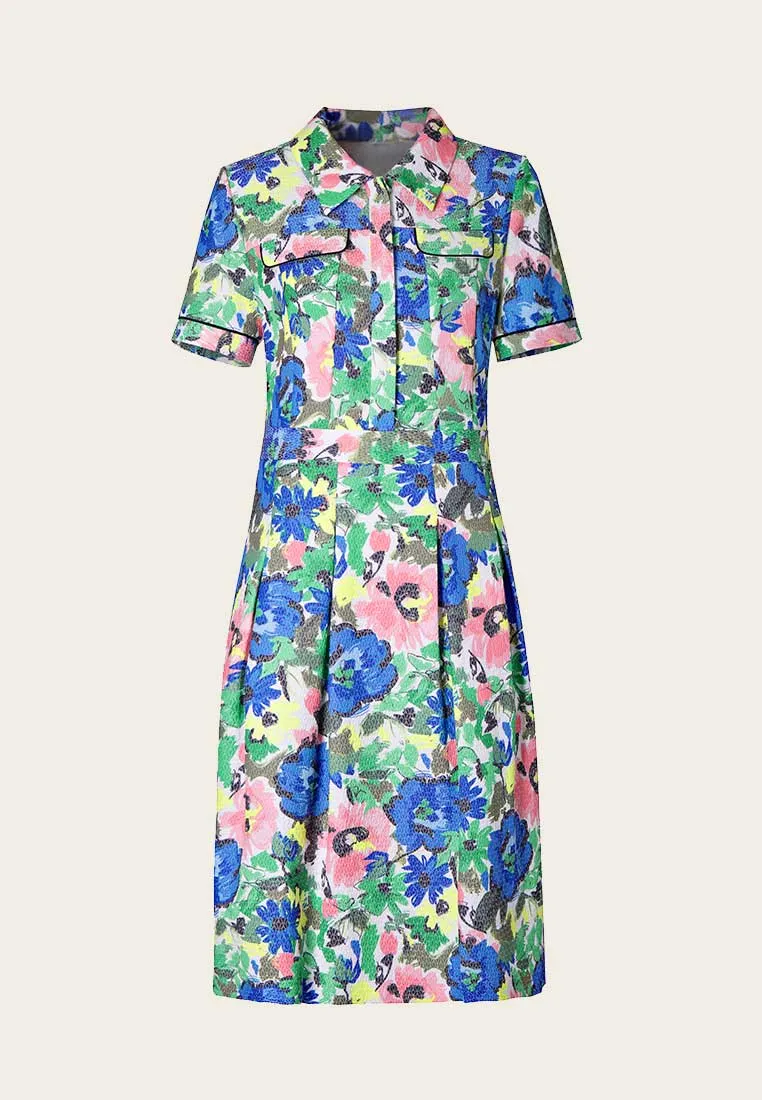 Lapel Short Sleeve Floral Pattern Jacquard Dress SmoothEdgeTrim Ski Core