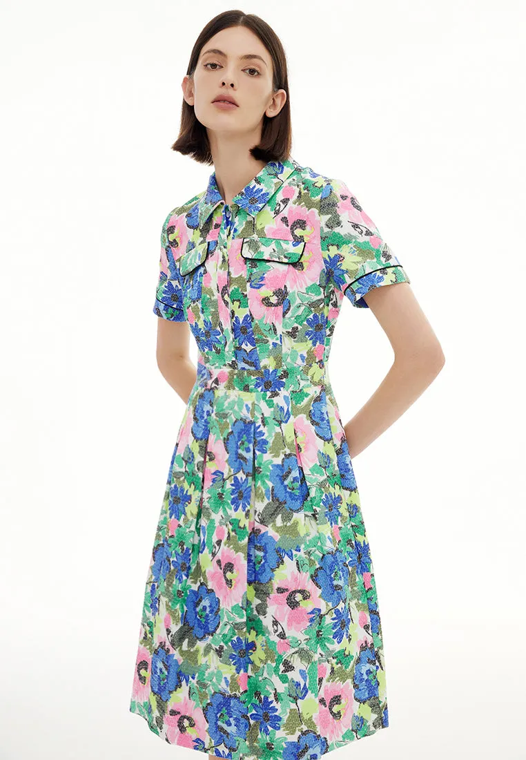 AbrasionResistant Material New Yorker Lapel Short Sleeve Floral Pattern Jacquard Dress
