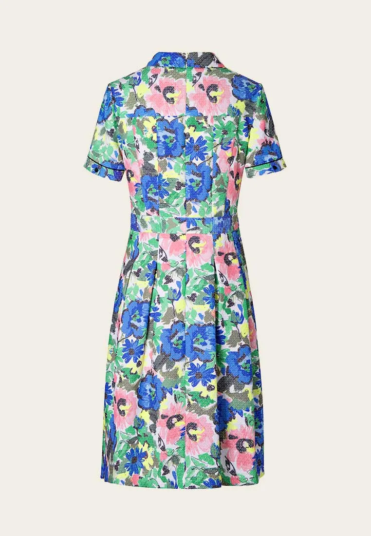 Lapel Short Sleeve Floral Pattern Jacquard Dress Sun Protection Fabric Bold Step