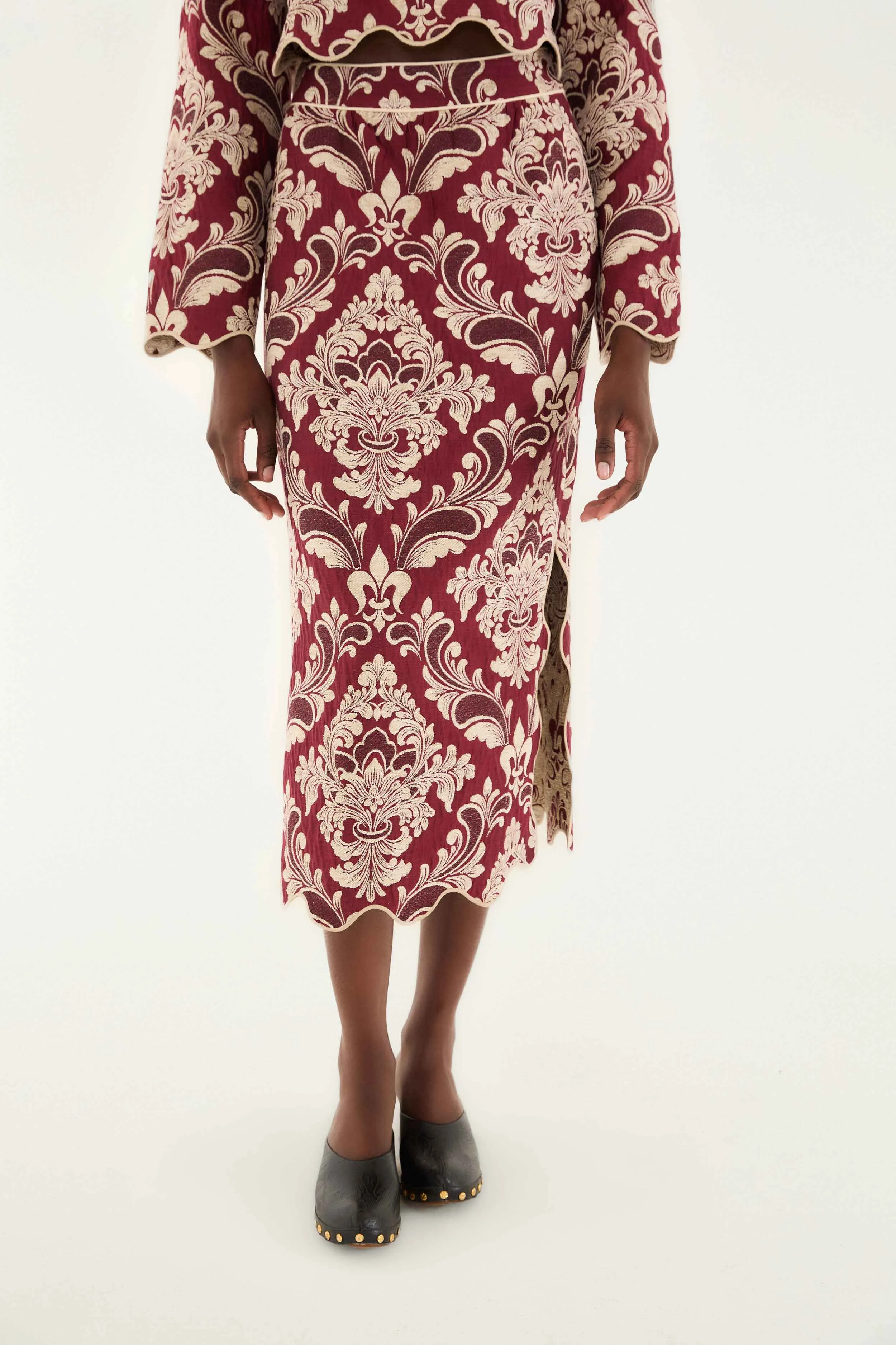 Bicolor Jacquard Waves Midi Skirt Ventilated Panels Wrap Front