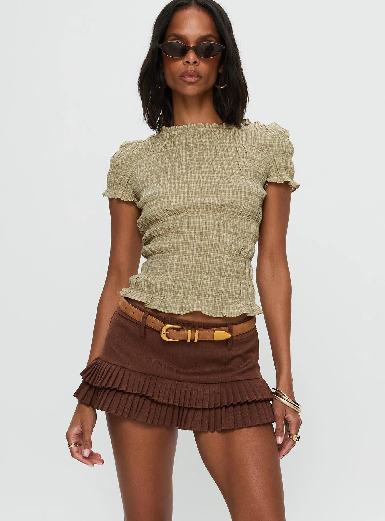 Performance Fashion Laser cut Deei Double Ruffle Mini Skort Chocolate