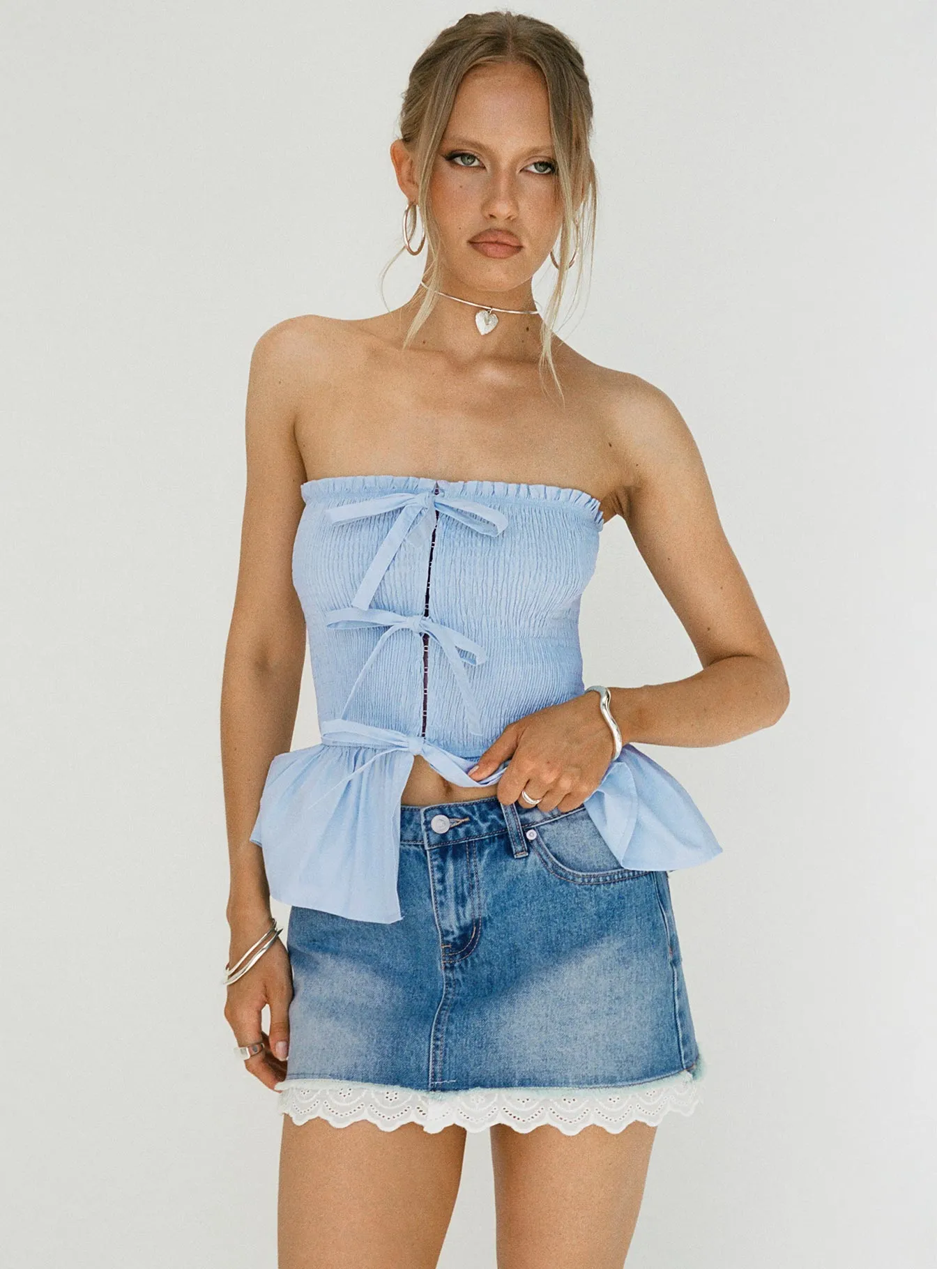 Miyuki Denim Mini Skirt Mid Wash Summer Picnic Draped Design