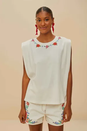 Tagless Labeling Off-White Cross Stitch Flowers Organic Cotton T-Shirt