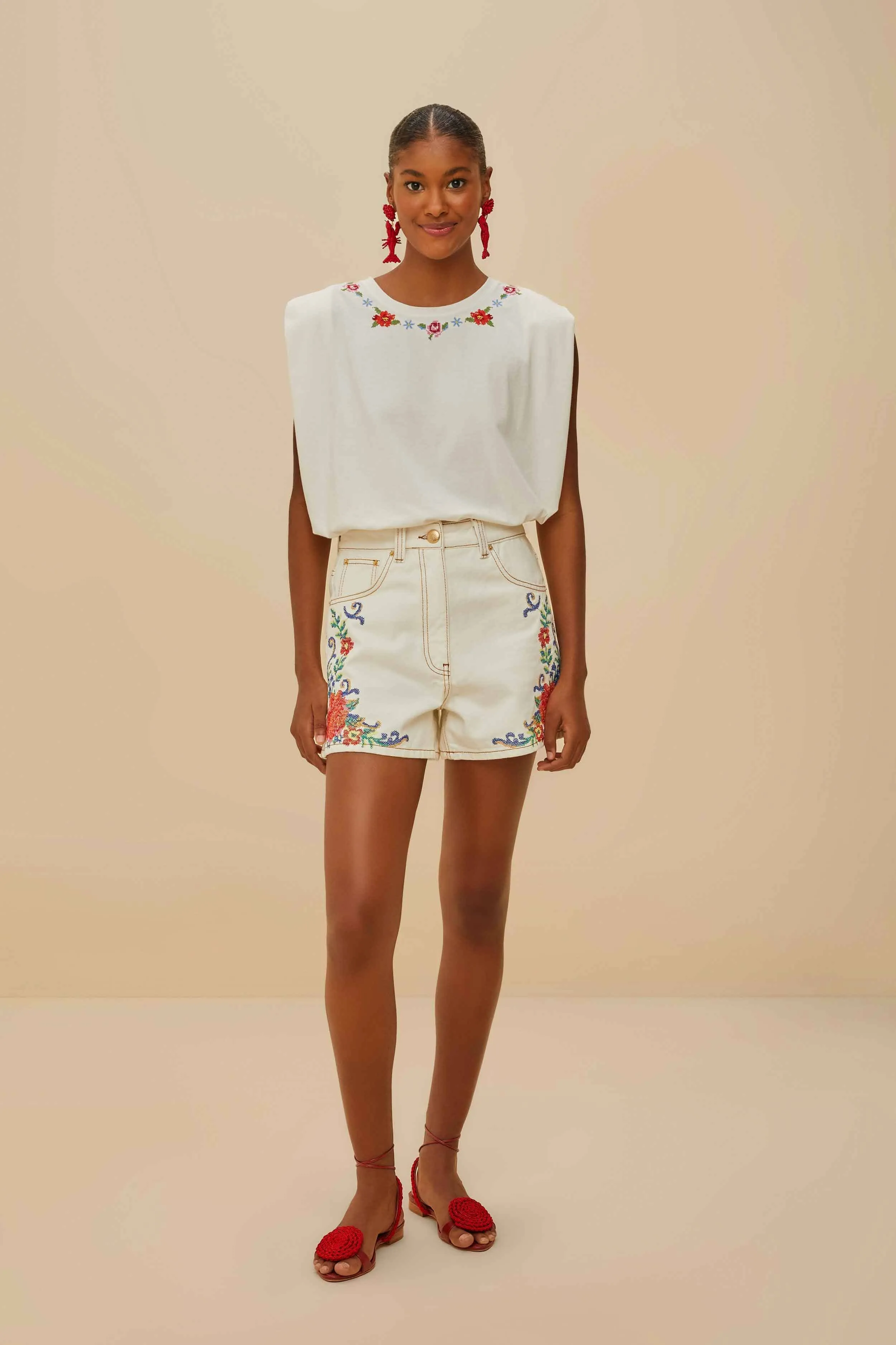 Off-White Cross Stitch Flowers Organic Cotton T-Shirt Smooth Line