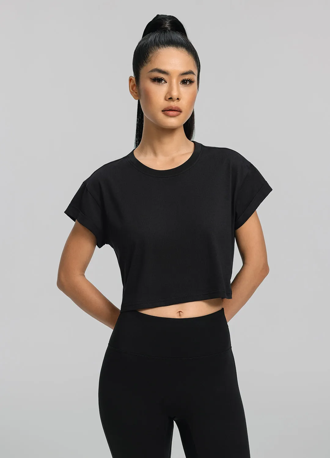Stretch Knit Layering Piece Cropped Cotton T-Shirt