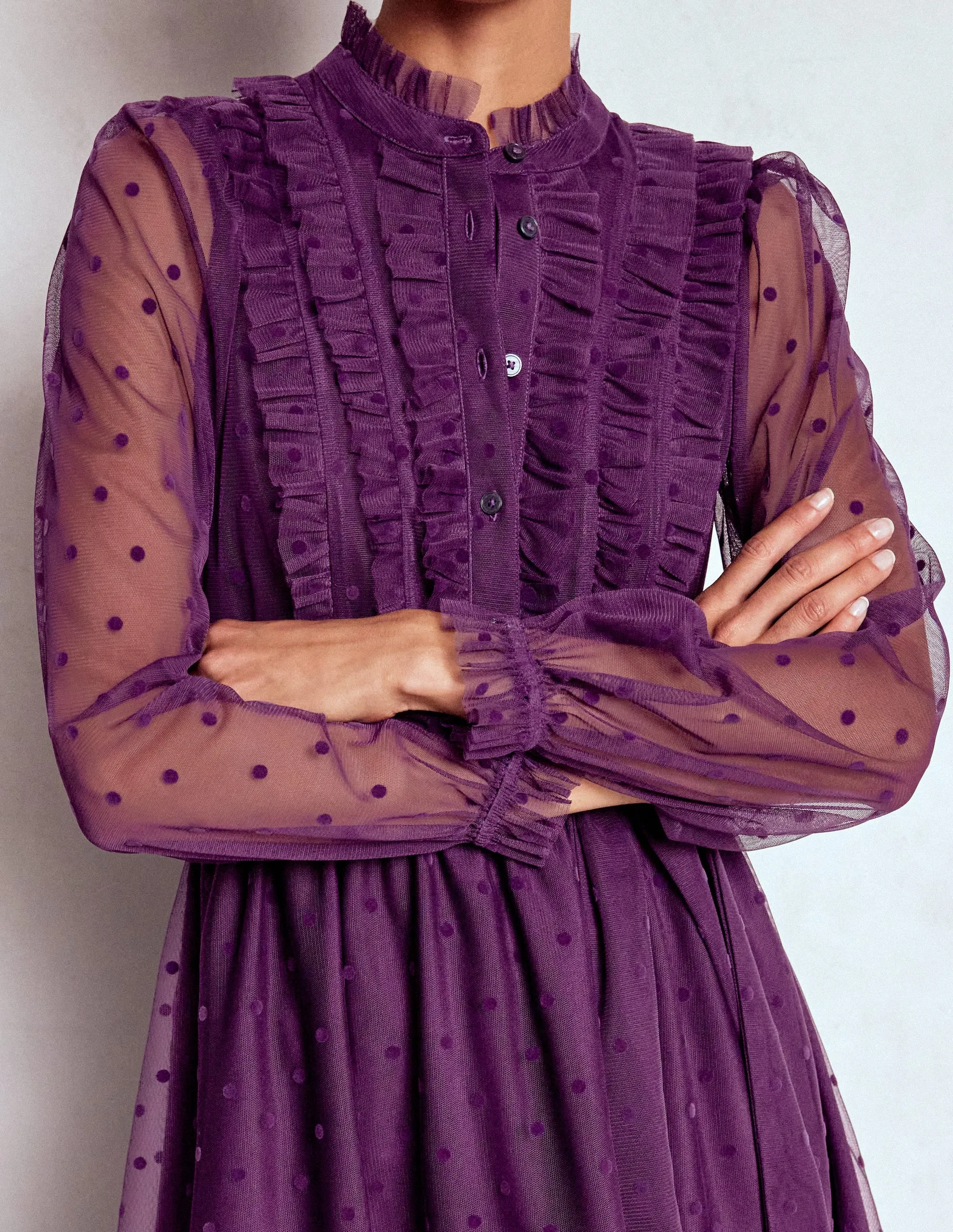 Tulle Ruffle Maxi Dress-Viola Purple The lightweight fabric of this dress ensures it is breathable and comfortable in any weather Bold printed floor dress