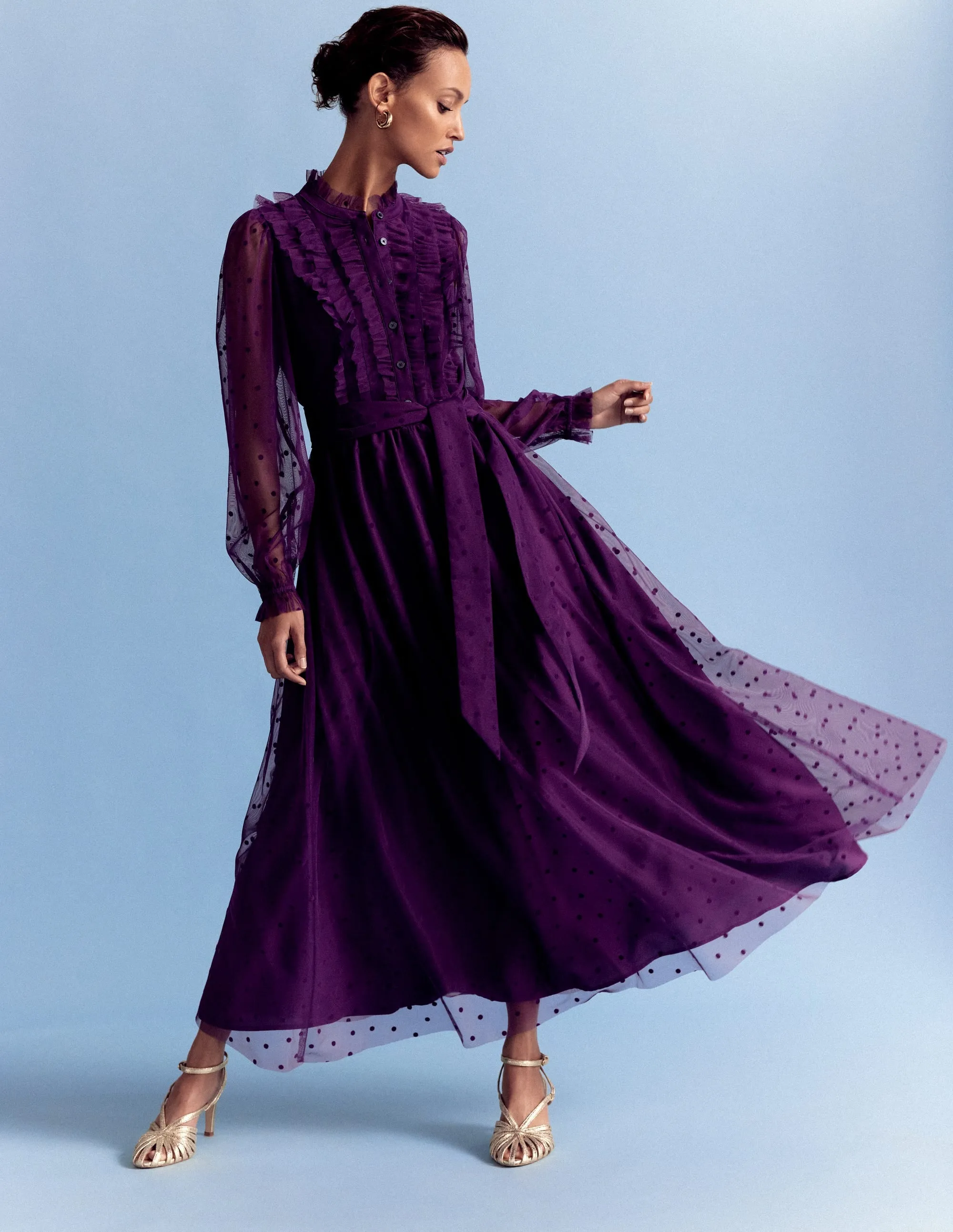 This maxi dress is designed to be worn season after season due to its timeless appeal A-Line Cut Tulle Ruffle Maxi Dress-Viola Purple