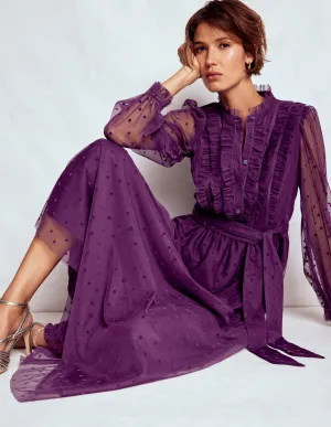 Tulle Ruffle Maxi Dress-Viola Purple Print Allover Calm Mind