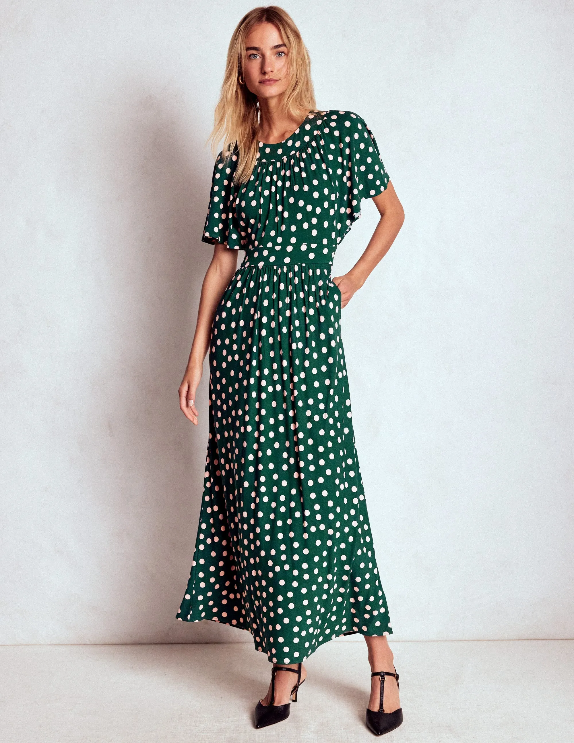 This dress offers a flattering fit that accentuates your shape without feeling tight Event Perfect Yoke Panel Maxi Dress-Emerald Night, Painted Dot