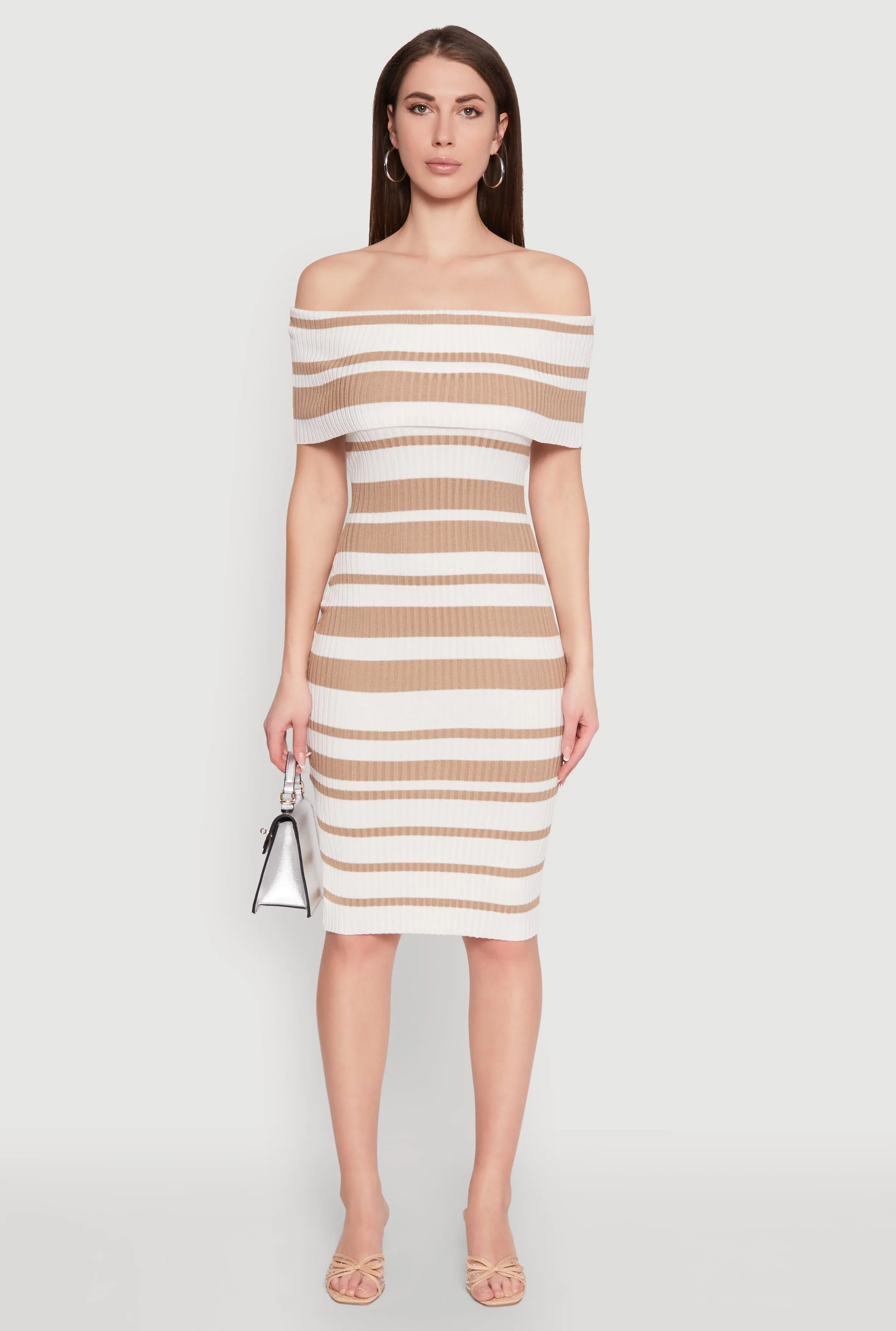 Contemporary Look Breezy and lightweight midi Almost Famous Off the Shoulder Striped Dress