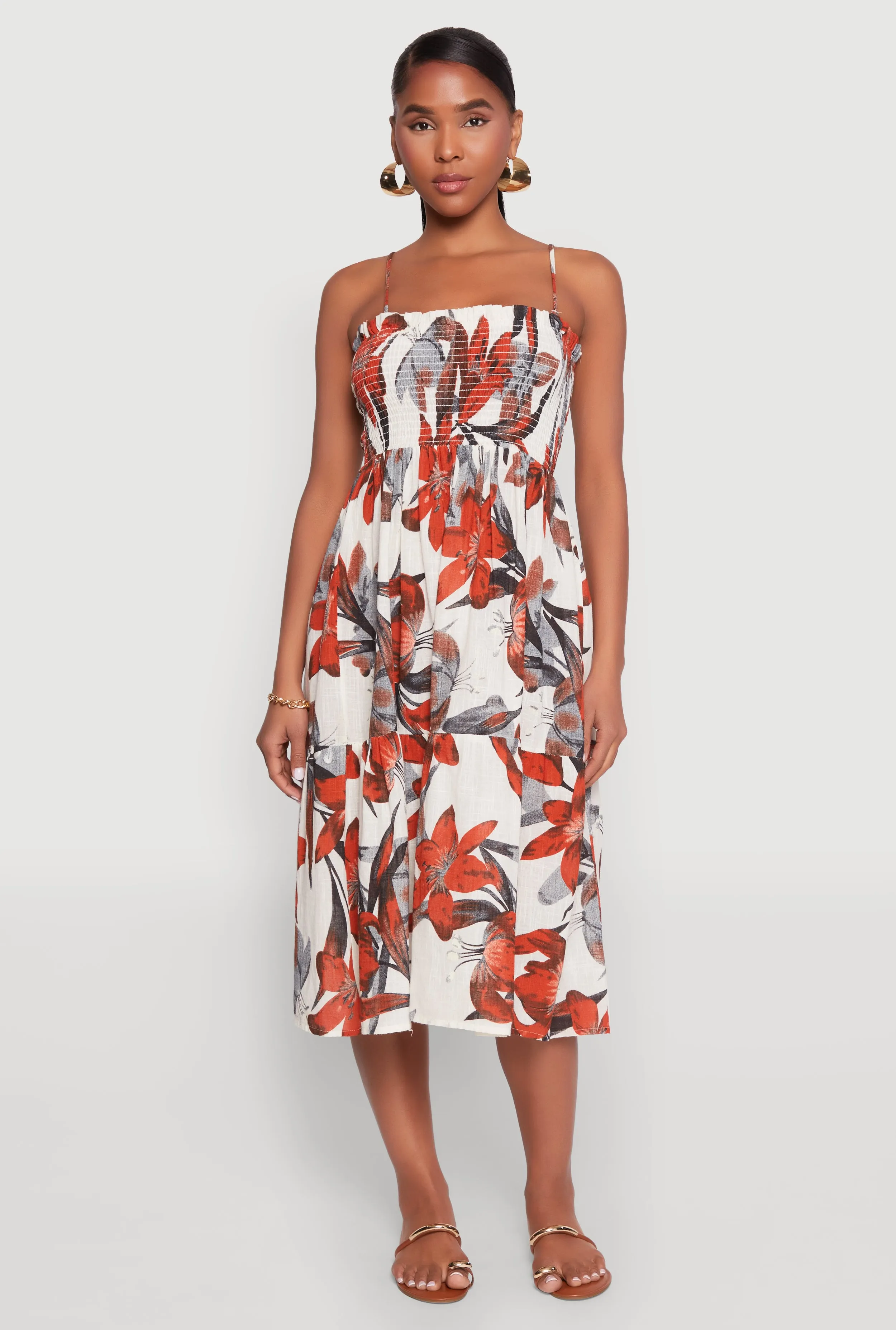 Day To Night Look Floral Print Smocked Tiered Midi Dress