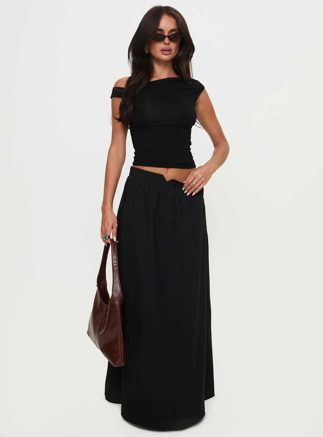Rennata Gathered Mid Rise Maxi Skirt Black Travel Vibes