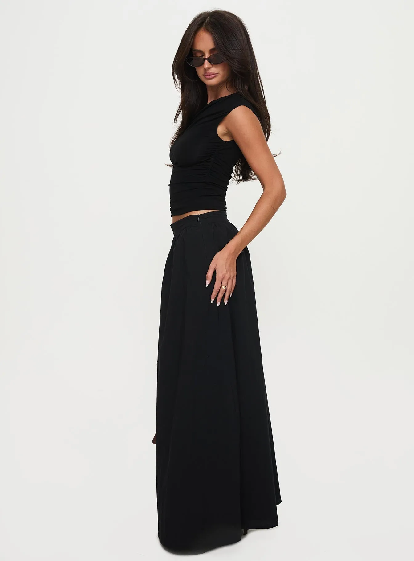 Rennata Gathered Mid Rise Maxi Skirt Black Winter Staple