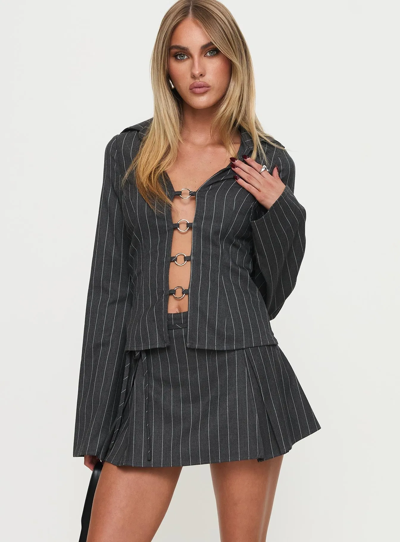Saraya Pleat Mini Skort Grey Pinstripe Natural Look Button Details