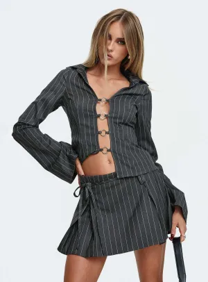 Saraya Pleat Mini Skort Grey Pinstripe Soft Outfit