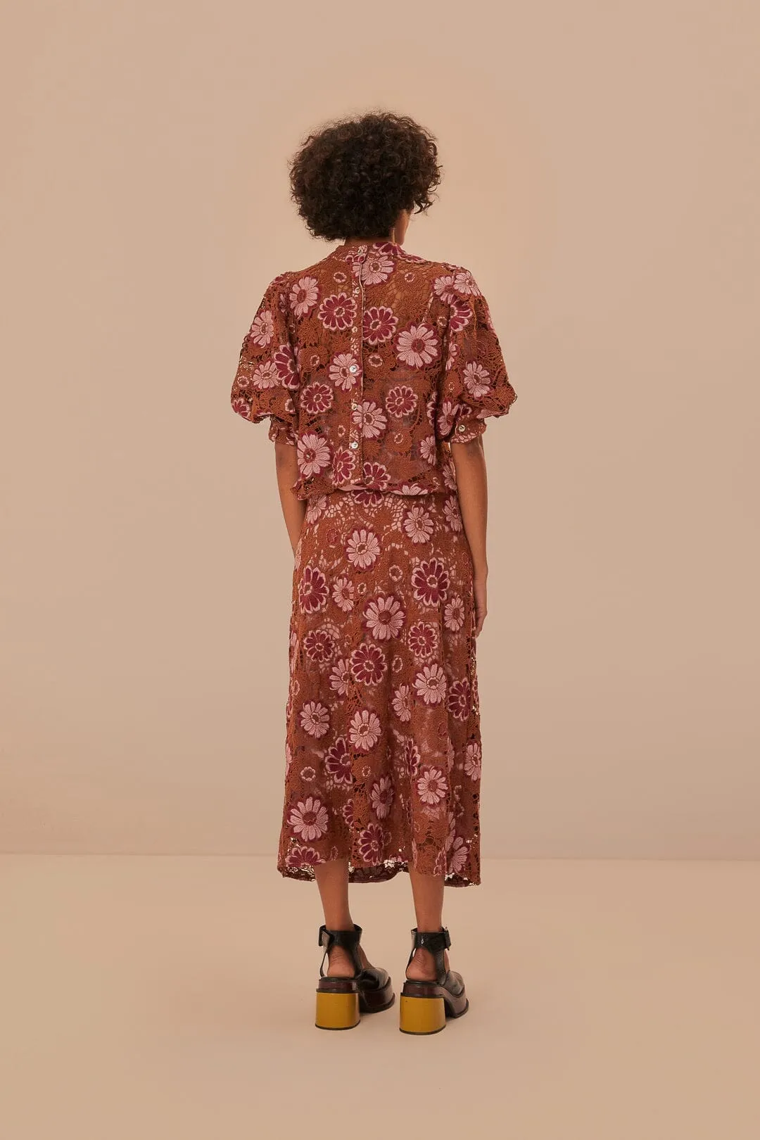 muted tone Fold Over Design Gigi Tapestry Guipure Skirt