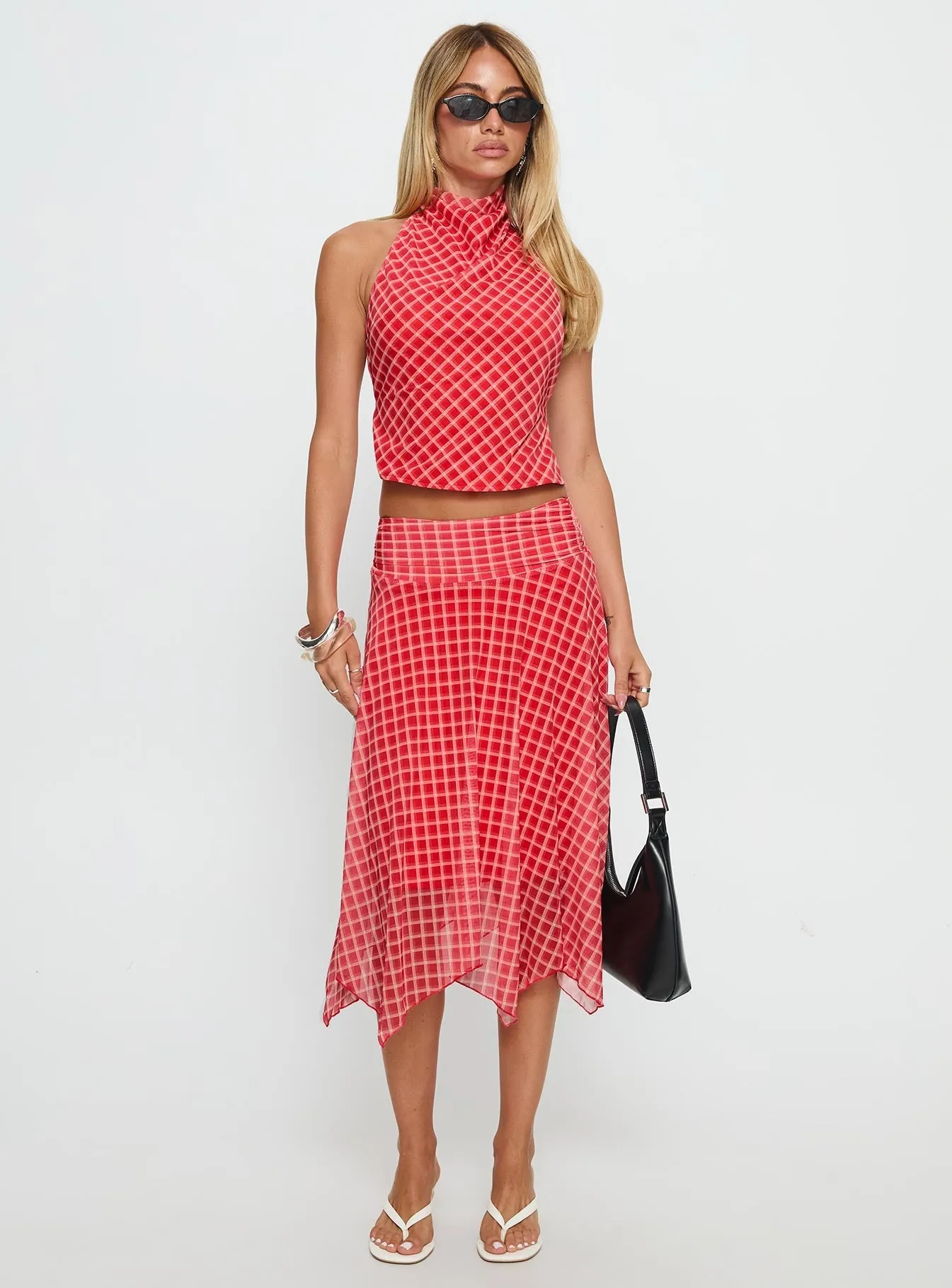 Scenic Route Asymmetrical Midi Skirt Red Check Pleated design
